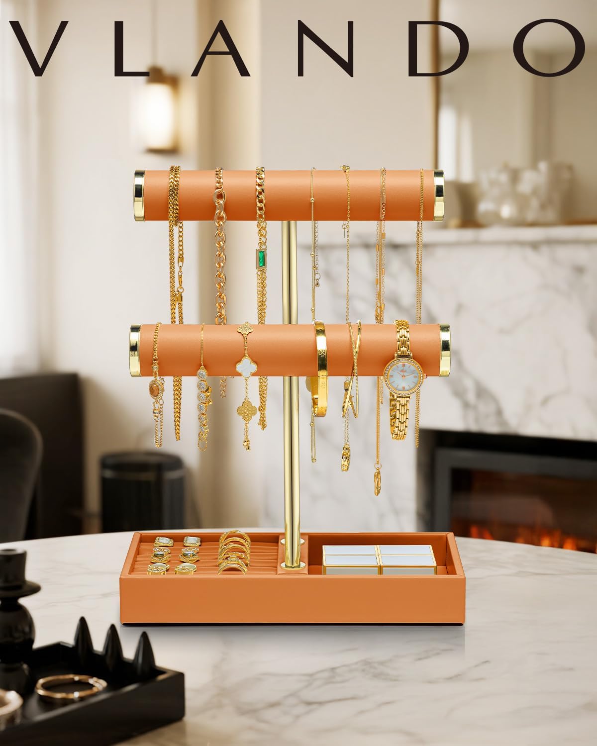 VLANDO Jewelry Organizer, 2 Tier Jewelry Bracelet Necklace Holder with Tray