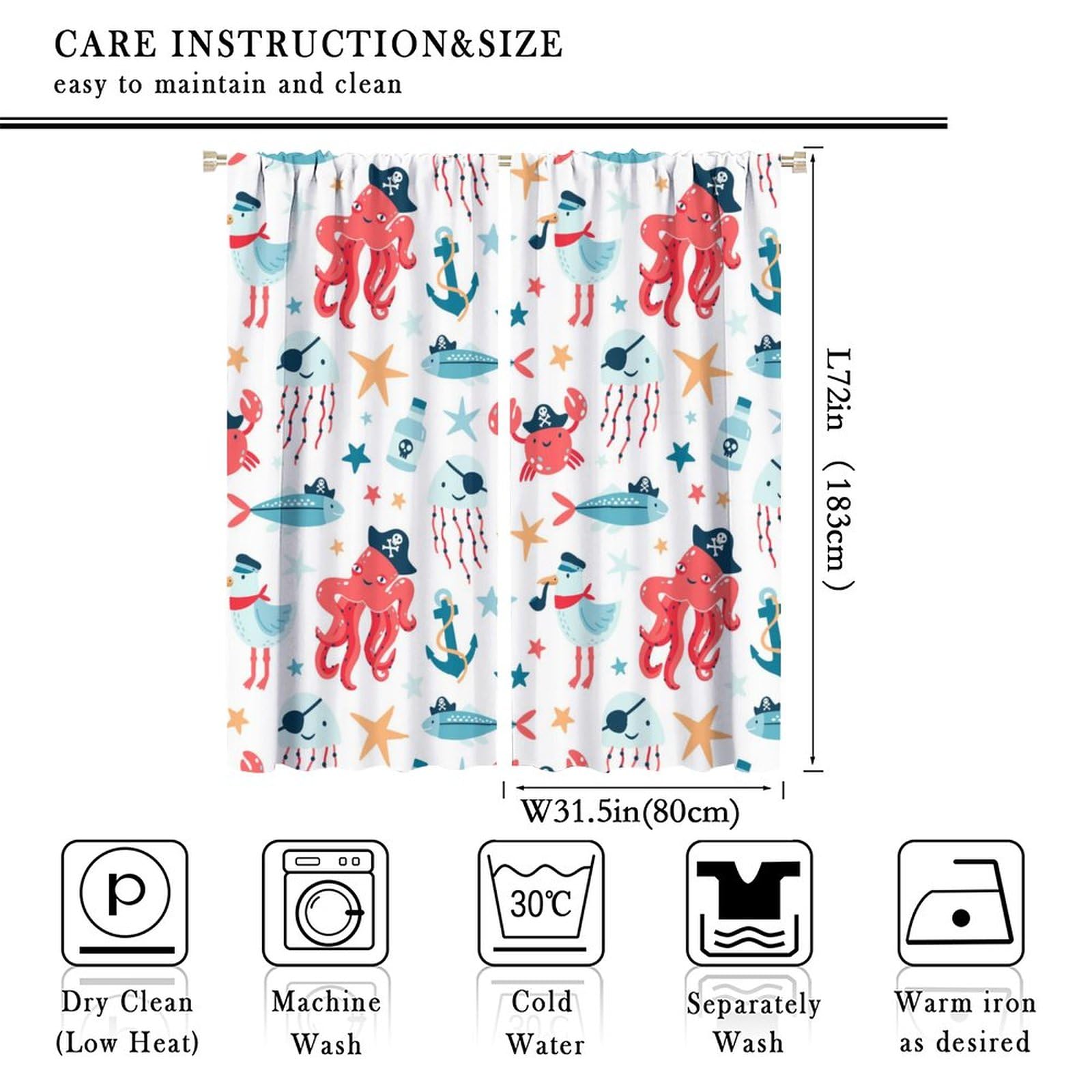 Cartoon Marine Animal Curtains for Kids,Pirate Design Cute Ocean Animal Sea Wildlife Print Window Treatments for Boys Girls Bedroom Living Room Nursery Study 2 Panels Total Size 63 x 72 Inch