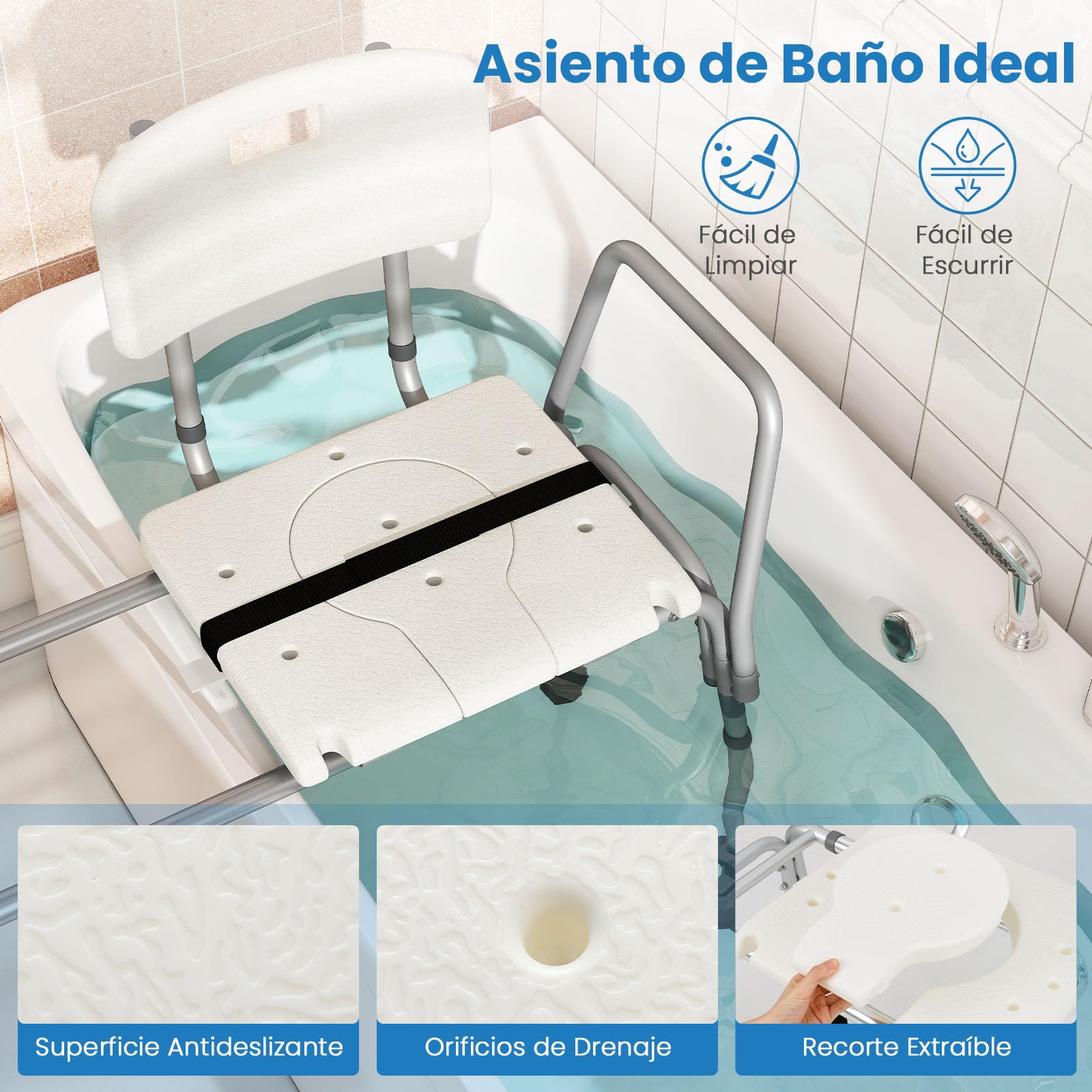 GOPLUS Silla de Baño con Función Deslizante, Altura Ajustable, Asiento Ancho con Tapa Abatible, 4 Pies con Ventosas Antideslizantes, Silla de Ducha para Ancianos, Pacientes, Discapacitados