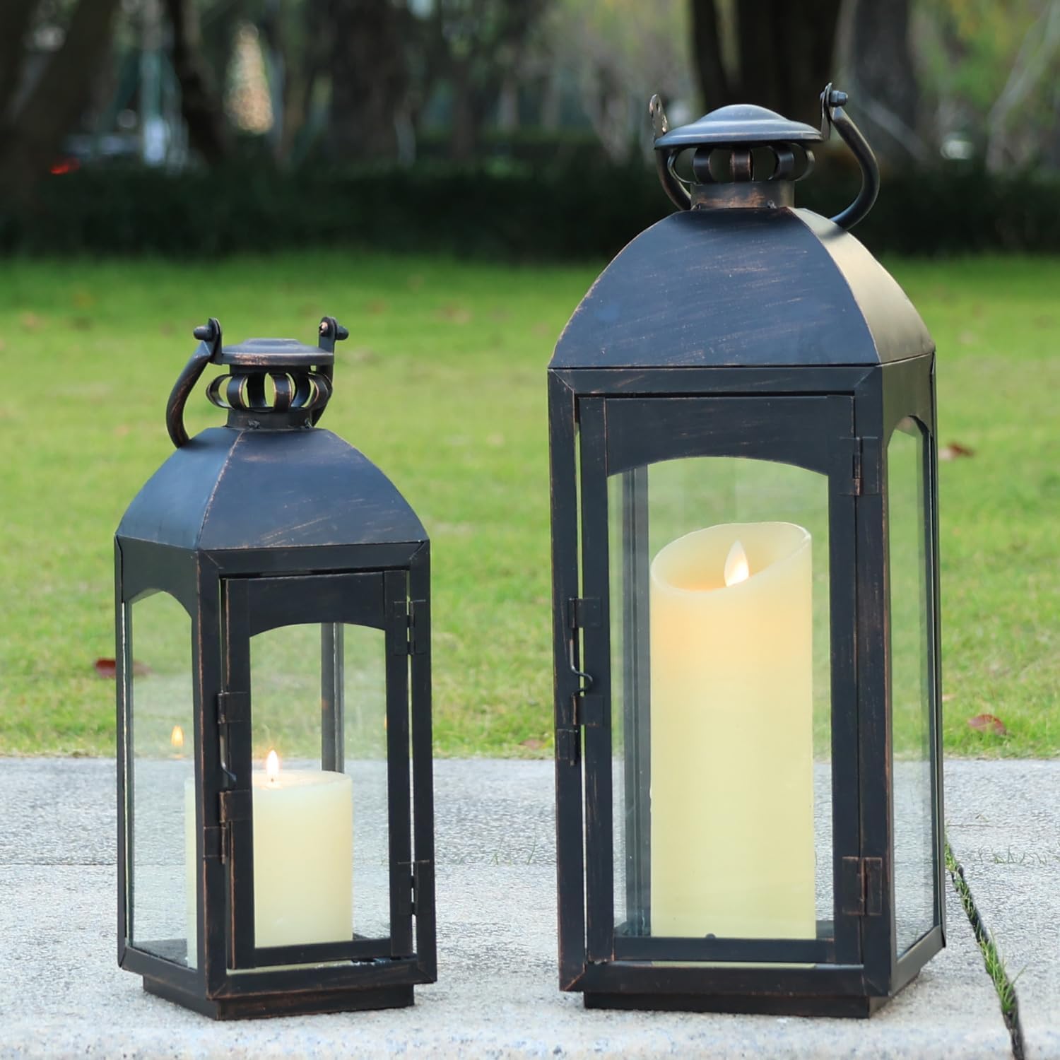 NEEDOMO Lanterns Decorative Indoor&Outdoor, 20''/16''H Set of 2 Outdoor Lanterns for Porch,Metal Frame Candle Holders Hanging Lights with Glass, Spring, Fall, Christmas