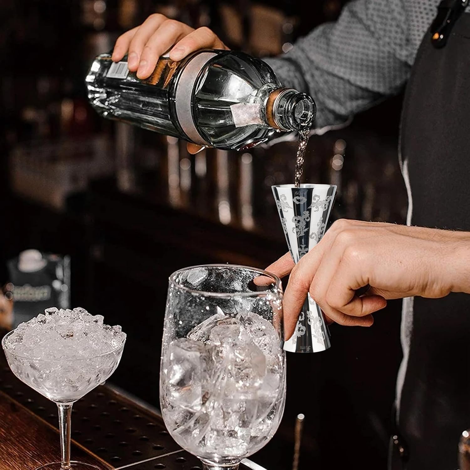 Jigger for Bartending, Cocktail Jigger 30ml 60ml with Measurements Inside, 304 Stainless Steel Jigger, bar Accessories, Cocktail Measuring Cup, Silver, Etched