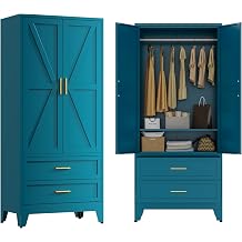 Blue Metal Wardrobe Closet, Armoire Wardrobe with Two Drawers Clothes Cabinet for Bedroom, 71" Tall Farmhouse Steel Armoire Closet with Drawers and 2 Doors Clothing Storage Cabinet with Hanging Rod