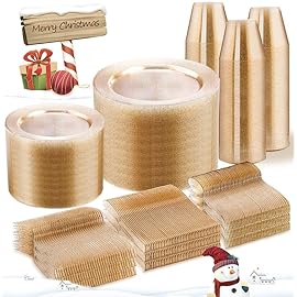 WELLIFE 600 PCS Gold Glitter Disposable Dinnerware Set for 100 Guests, Plastic Plates for Party, Including 100 Dinner Plates, 100 Salad Plates,Cups,Silverware Set for Wedding and Party Supplies