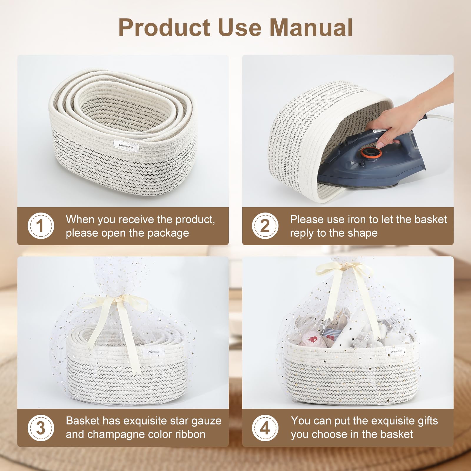LA BONHEUR Cesto portaoggetti in corda di cotone intrecciato, 4 pezzi, per il bagno, fasciatoio, organizer per neonati,