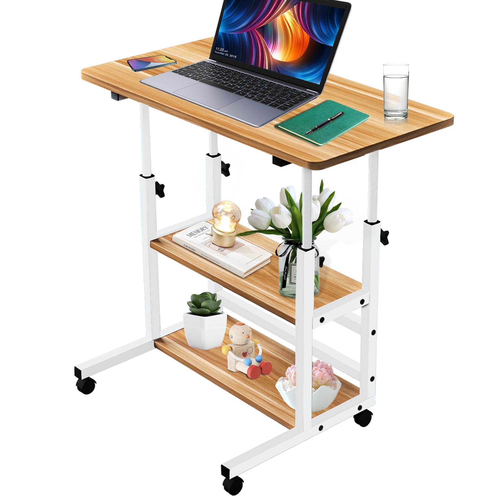 TBXWLRF Mobile Stand Up Desk?Laptop Desks Adjustable Height? Up Table with Wheels Double Layer Storage Computer Workstations.(15.7"x31.4",Oak)