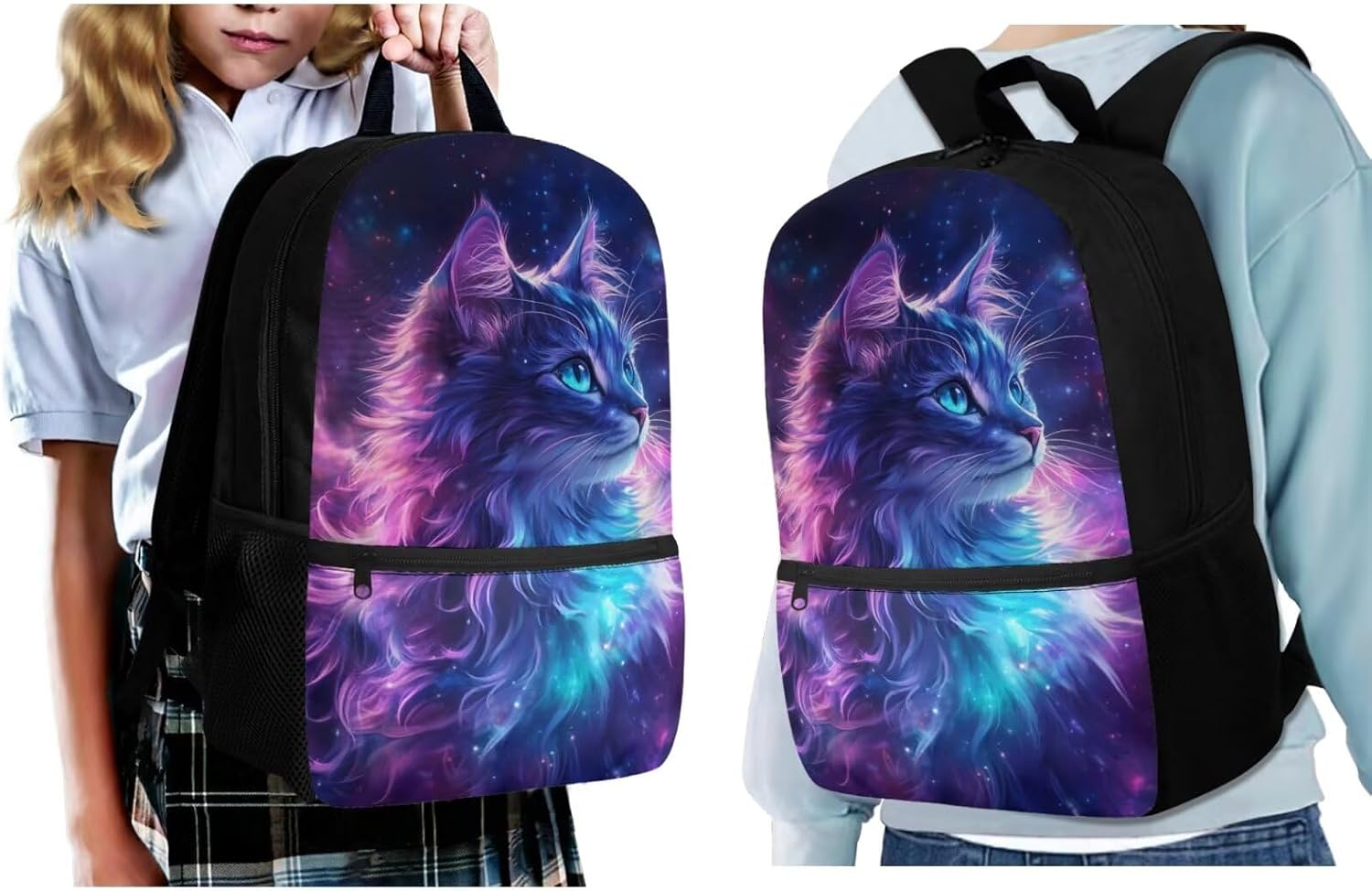 Galaxy Cat Backpack and Lunch Box Set for Boys Girls 6-8 8-12 Elementary School Bag Kids Bookbag with Lunch Bag Pencil Case Water Bottle Sleeve 4Pcs Middle Preschool Satchel 4Pcs