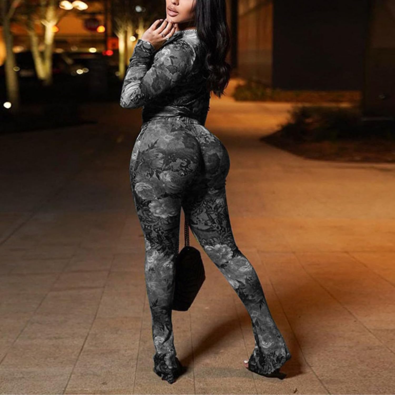 Sexy 2 Piece Set Jumpsuit for Women Floral Print See Through Mesh Long Sleeve Going Out Top and Flare Pants Sets - Image 3