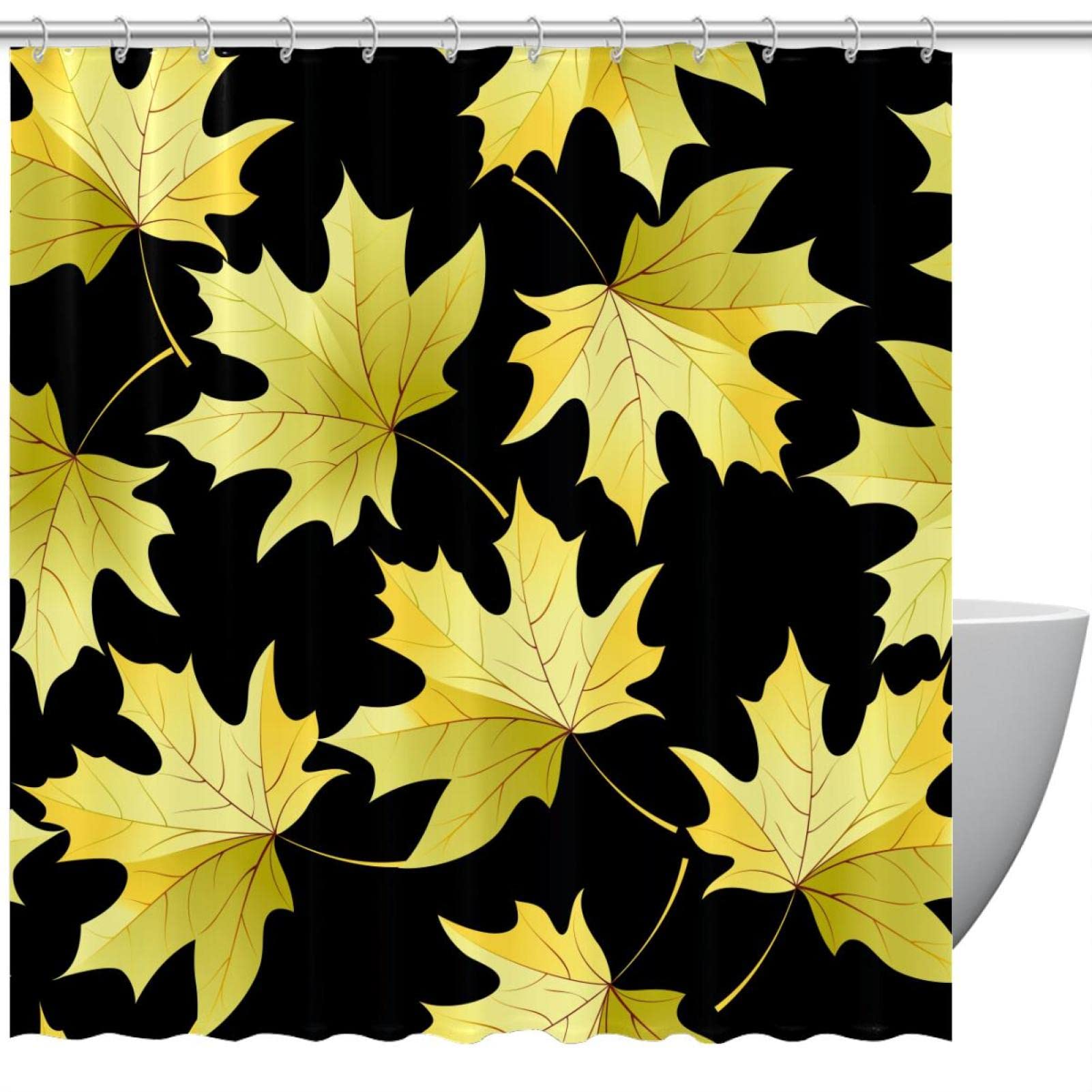 Rideau de douche feuilles d'érable jaune et fond noir 183 cm pour salle de bain
