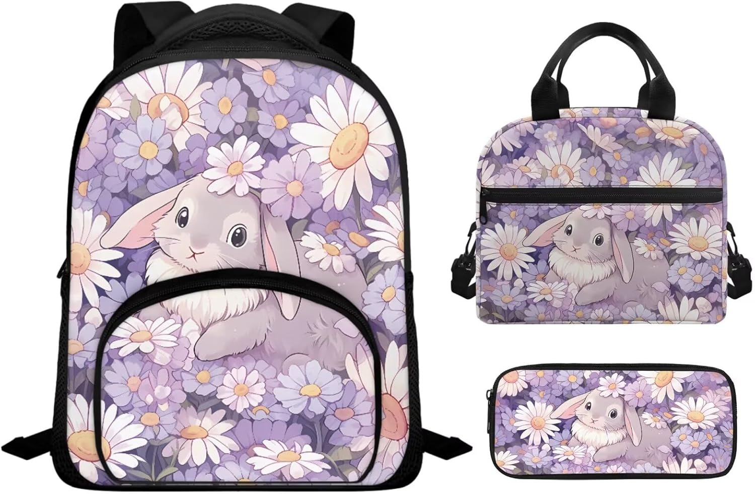 Cute Bunny Backpack for Girls Kids Backpack with Lunch Box and Fabric Pencil Pouch 3 in 1 Set 12" Lightweight Bookbag with Front Pocket Sturdy School Bag with Side Pockets for Toddler Girls