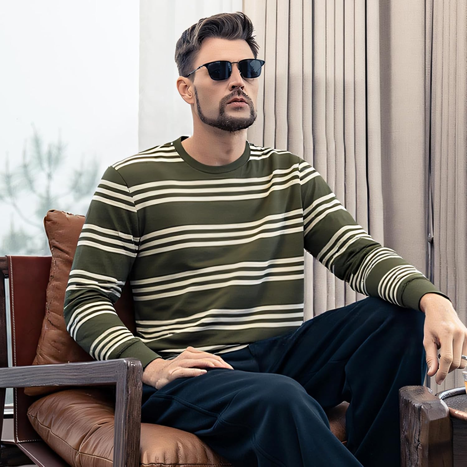 Striped Long Sleeve Shirt Men,Crewneck Mens Striped T Shirt, Classic Casual Top Light Green Stripes X-Large - Image 3
