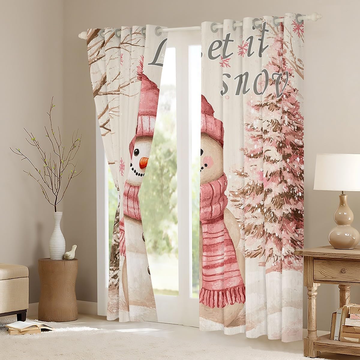 Cartoon Snowman Curtains Winter Christmas Trees Vintage Country Decor Curtain,Window Treatment Curtain for Boys Girls Room Decor,Pink Snowflake Botanical Window Drapes,Top 2 Panel,52Wx90L