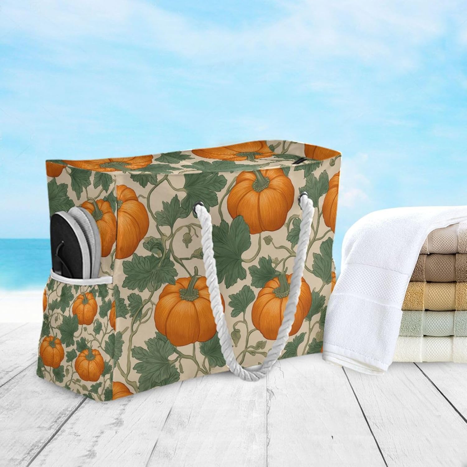 OTVEE Pumpkins with Green Leaves Beach Bags for Women Ladies Large Canvas Tote Shoulder Bag Waterproof Travel Bags for Gym Swim Pool Camping
