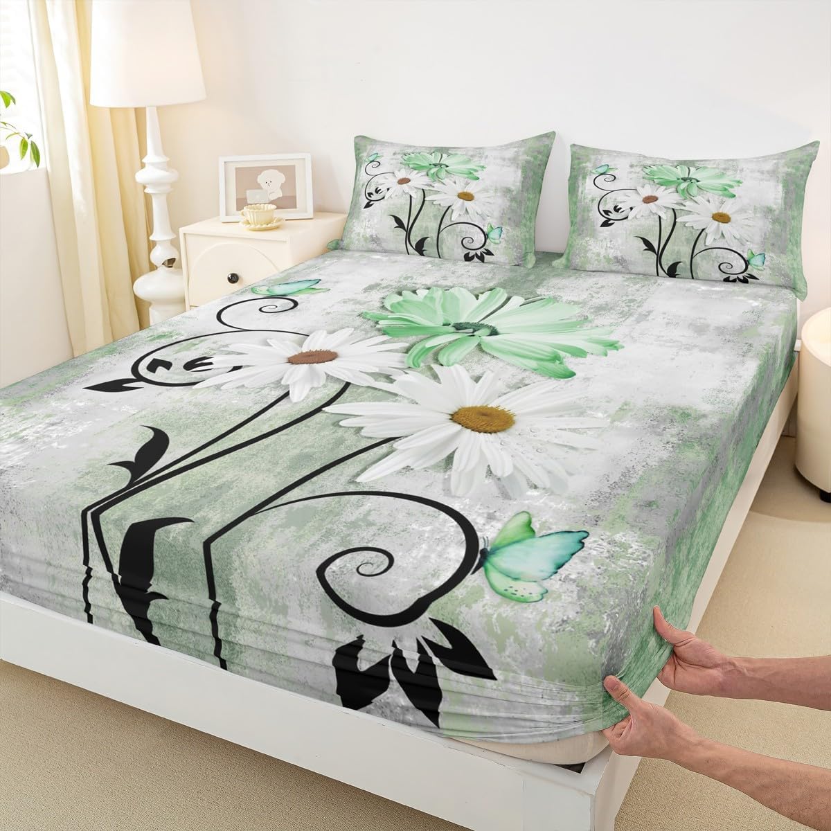 White Grey Green Fitted Sheet Rustic Daisy Flowers Bed Sheets Full for Modern Ombre Abstract Room Decor,Farmhouse Country Butterflies Sheets Retro Oil Painting Bed Set