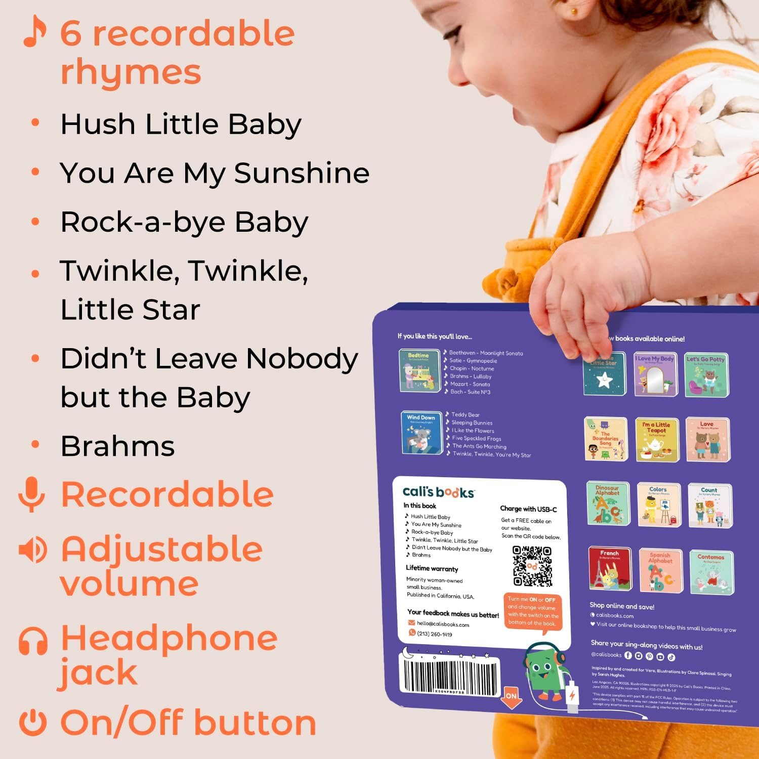 Cali's Books Hush Little Baby Recordable Music Book Toddlers 1-3 Years Old - Lullaby Rhymes Musical Book, Headphone Jack, Interactive Sound Book, Voice Recording Song Toy Children Girls Toddler Boys