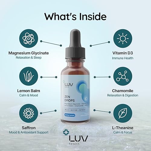 Miniatura 2 de LUV Zen Drops gotas de apoyo para la ansiedad y el estrés con glicinato de magnesio, vitamina D3, melisa, manzanilla, azafrán, L-teanina. Keto,