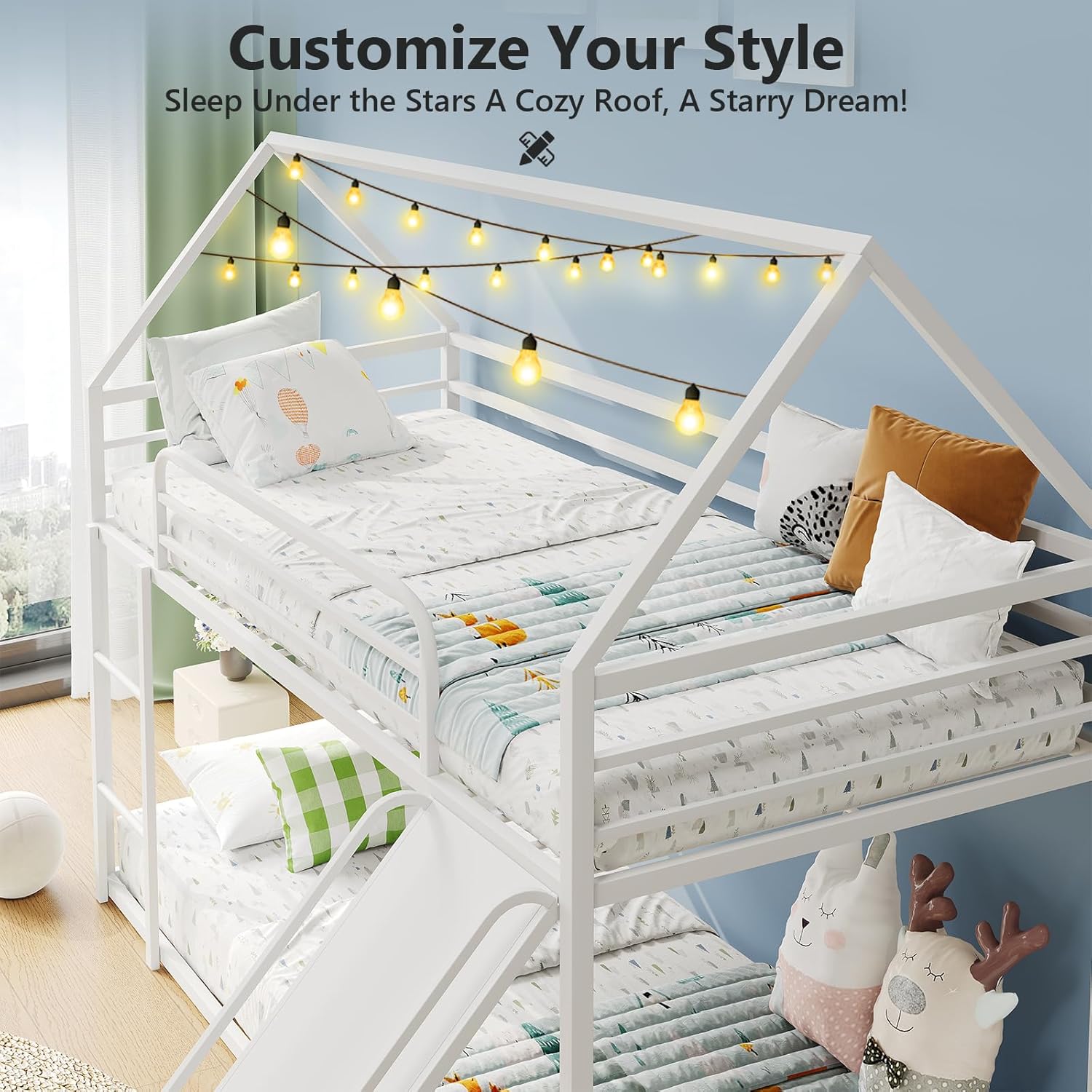 Metal Bunk Bed with Convertible Slide & House Roof Design - Twin-Over-Twin Low Frame | Full Guardrail, Montessori Style (White)