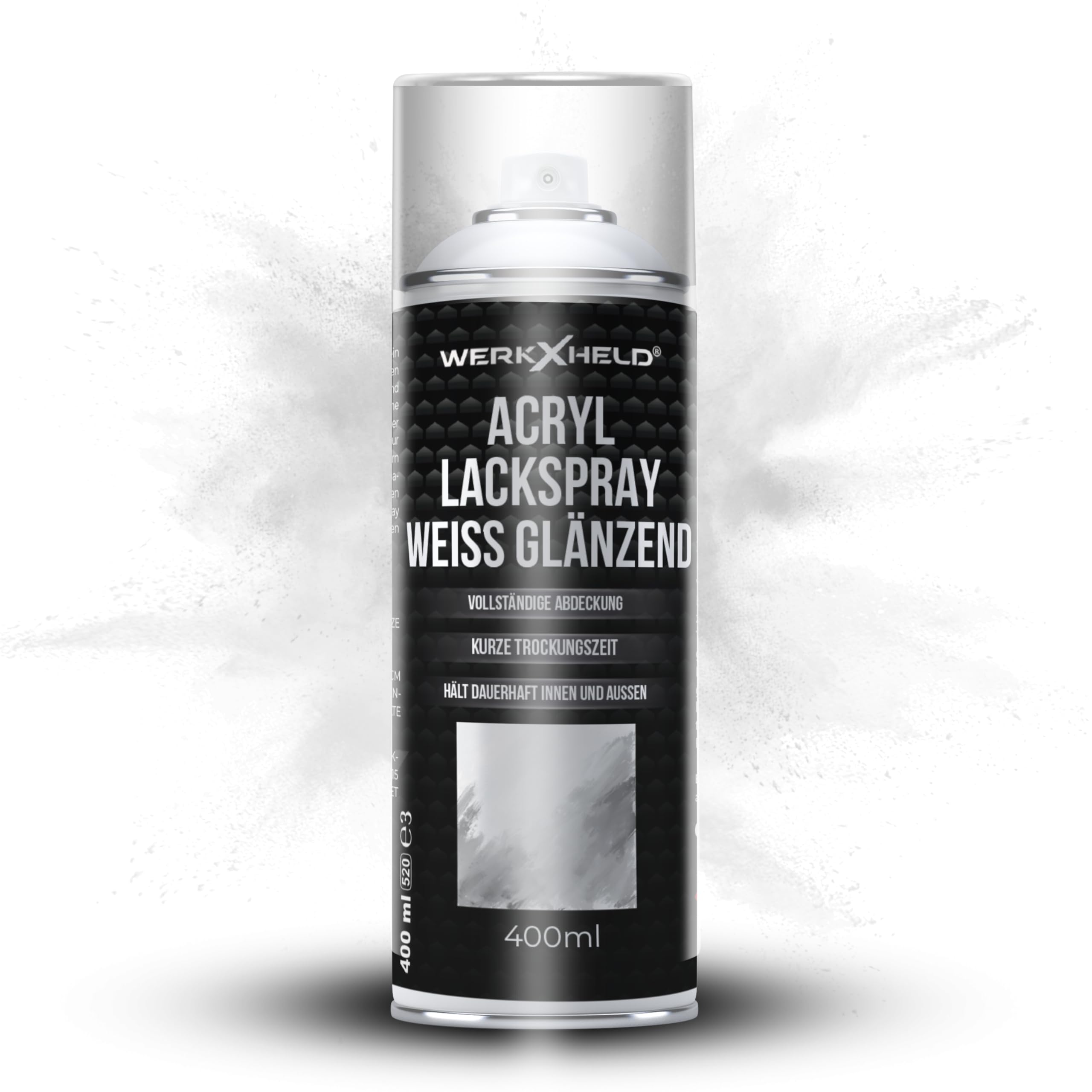 WerkXheld Sprühlack 400ml - Hochwertiges Lackspray Weiß glänzend RAL 9010, Vielseitig anwendbar auf Holz, Metall & Textil, Langlebiger Acryllack Spray
