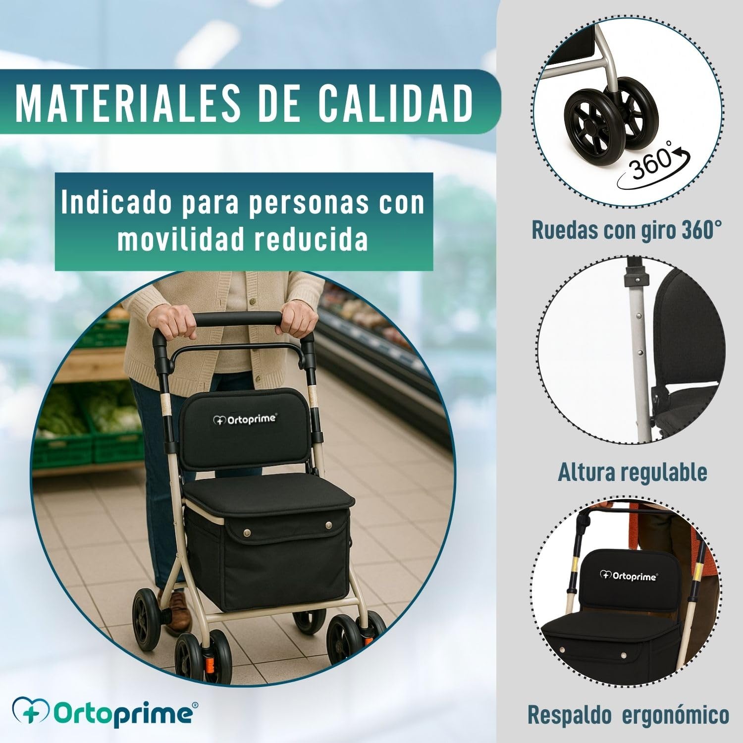 OrtoPrime Andador para Ancianos Plegable con CARRO DE LA COMPRA - Rollator 4 Ruedas Carrito de la compra Plegable Caminadores para Mayores - Andadores Adultos Asiento con Cesta y Ruedas 360º