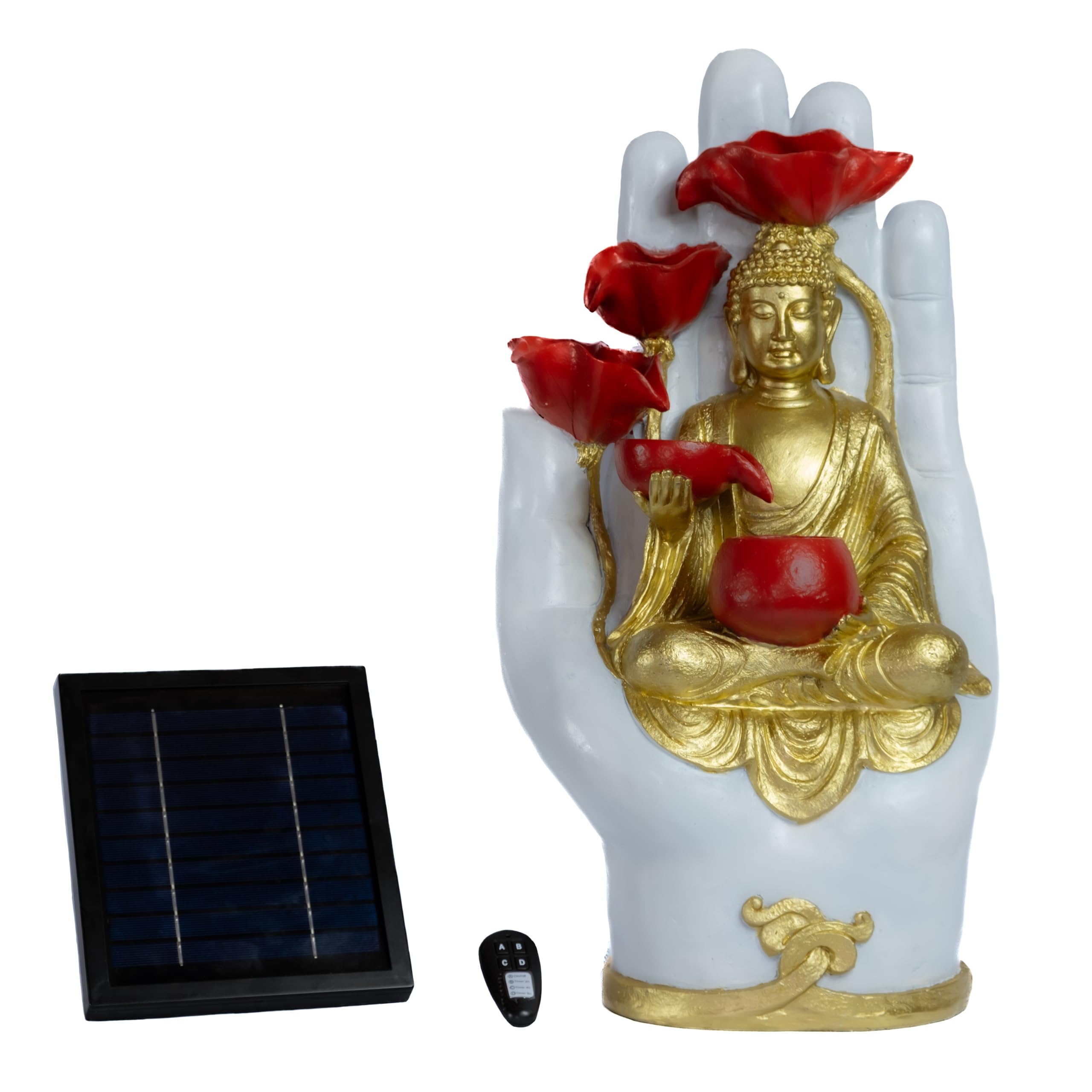 Statue de Bouddha Fontaine Solaire 58cm, Recharge USB ou Panneau Solaire câble 5m & télécommande, Décoration Jardin Fontaine Zen LED, Bouddha Decoration Intérieur & Extérieur