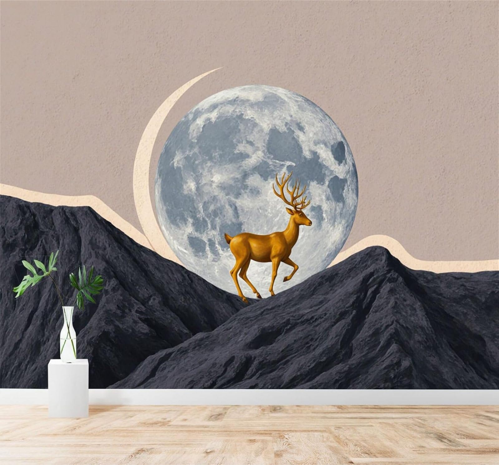 XLMING 3D Carta da Parati Cervo Dorato Colline Luna Piena Minimalista Cielo