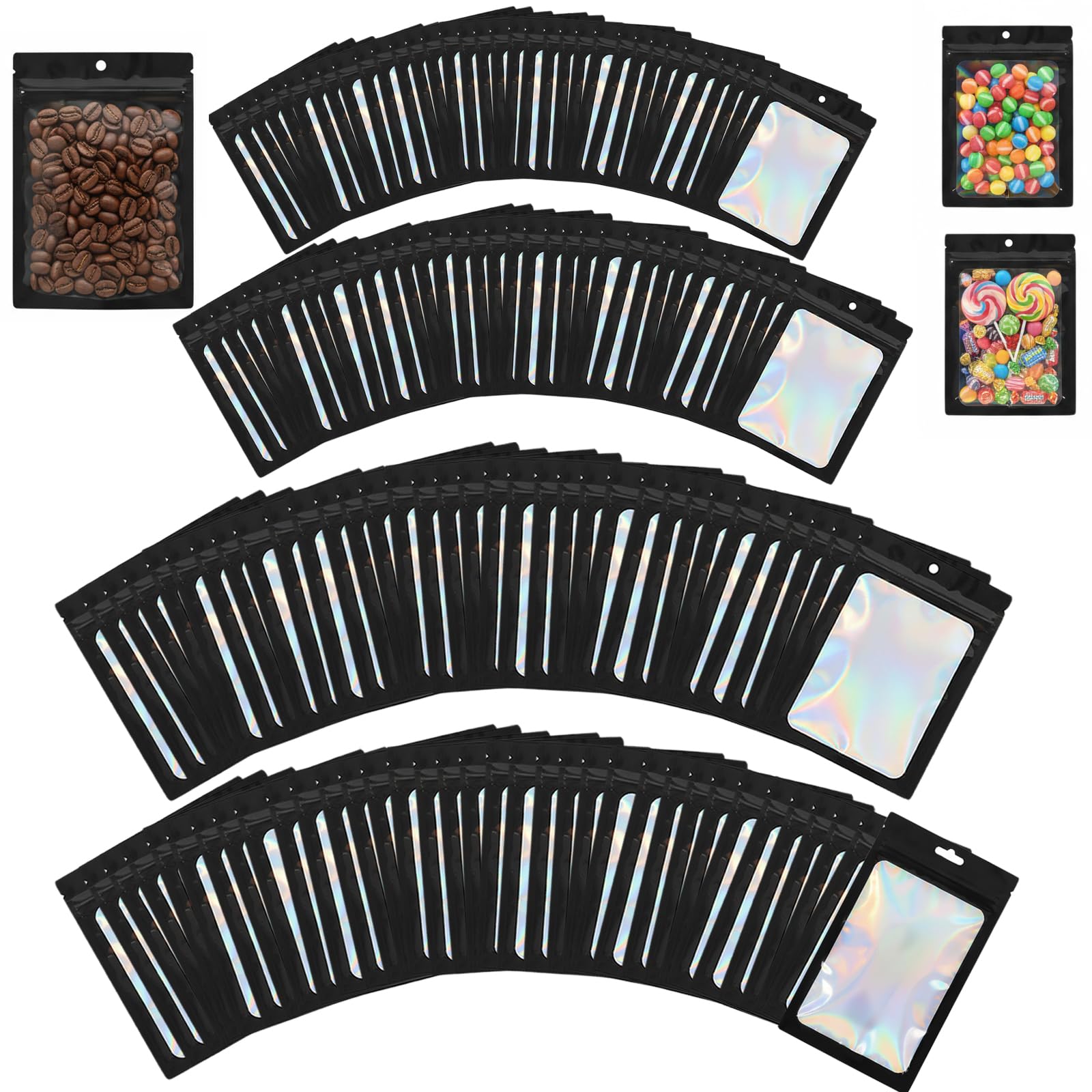 Eclove 200 PCS Mylar Holographic Bags, 4 Sizes Plastic Smell Proof Resealable Foil Ziplock Bags, Small Black Packaging Storage Bag for Jewelry, Candy, Fishing Gear, Lip Gloss and Crafts Small Items