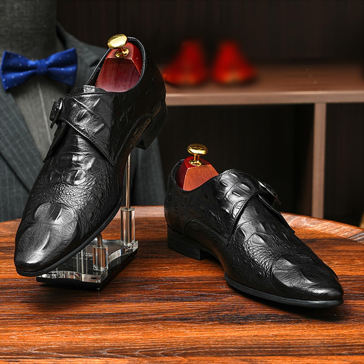 Mocassini Formali Affari da Uomo Scarpe Monk Rilievo a Punta in Vera Pelle Scarpe da Abito Slip On con Fibbia