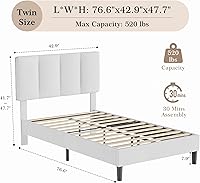 Vista 2 de VECELO - Base de cama tamaño individual con cabecera tapizada, plataforma con soporte de listones de madera de alta resistencia, no necesita somier