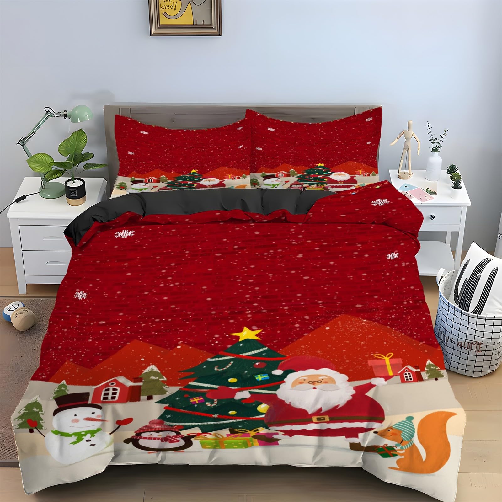 Housse de couette 200x200 Père Noël avec parure de lit microfibre 3 pièces