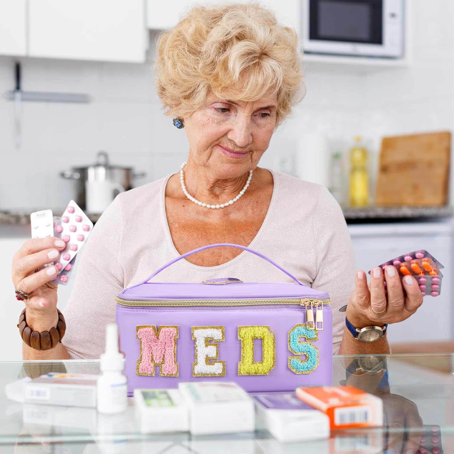 Geetery Clear Makeup Bag Chenille Letter Meds Bag Travel Cases Preppy Patch with Zipper, Portable Cosmetic Toiletry Storage case for Women(Meds,Purple) - Image 5