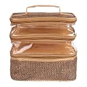Kuber Industries Makeup Kit | Jute 3 Layer Cosmetic Kit Pouch | Antique Color Travel Kit with Clear window | Vanity Kit for Woman with Handle | Golden gallery image