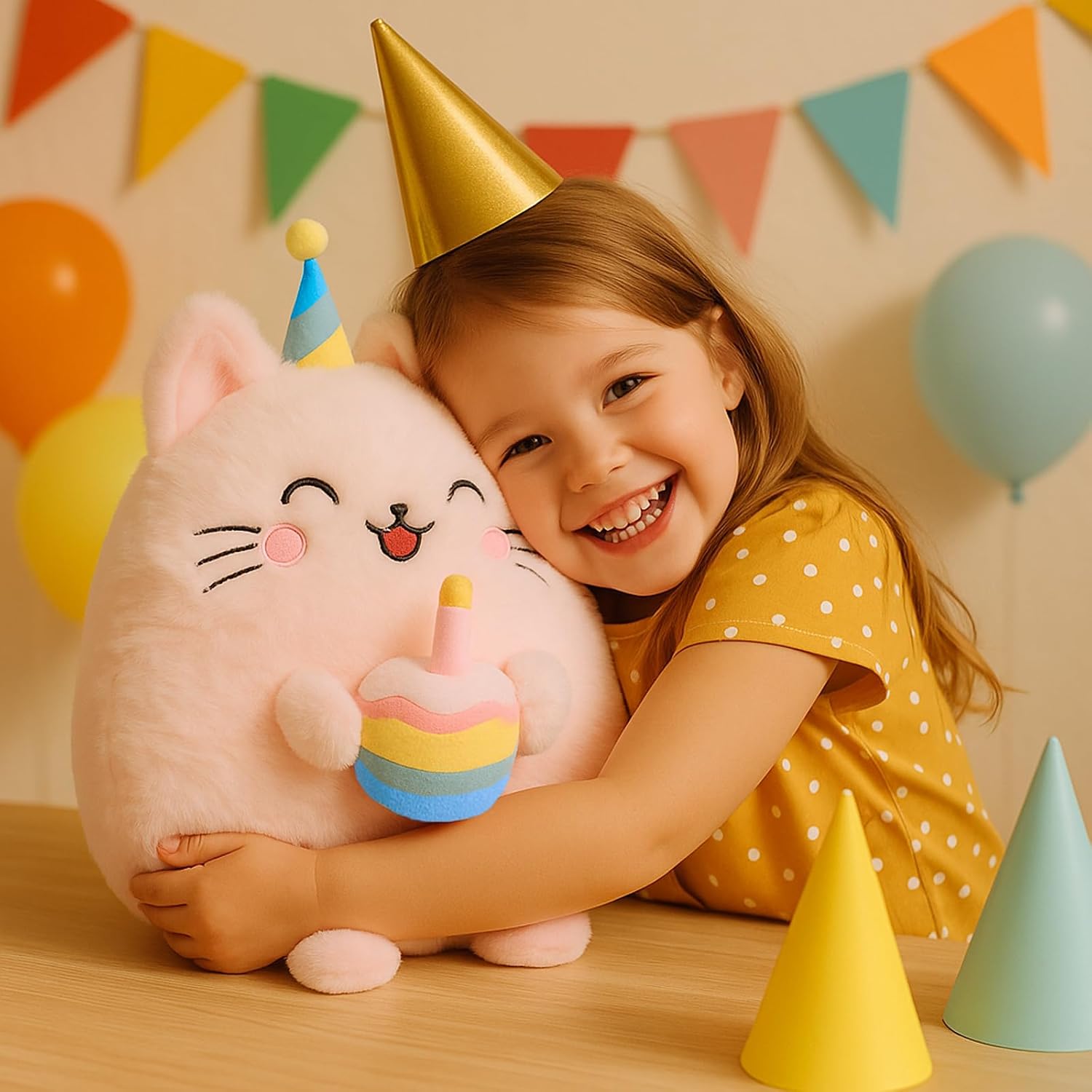 Adorable Pink Birthday Cat Plush Toy Pillow with Party Hat & Birthday Cake – Soft, Huggable, for Kids and Collectors, 15.75 inches