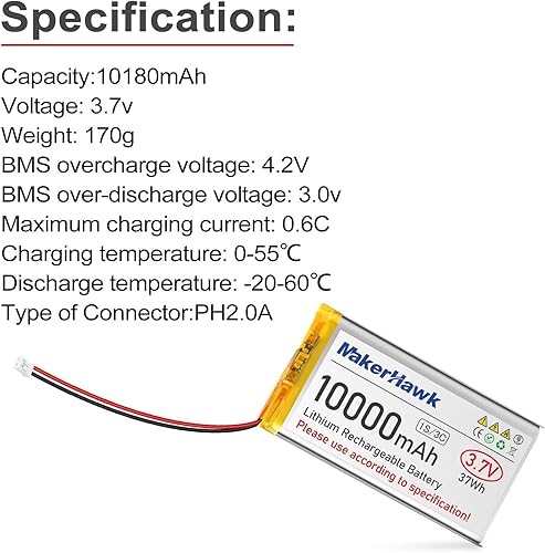 Miniatura 3 de MakerHawk Batería LiPo de 3.7V 10000mAh recargable 1S 3C Baterías de polímero de litio con placa de protección cinta de goma aislada, enchufe PH2.0