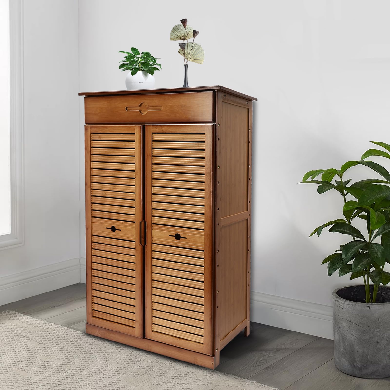 WANLECYShoe Cabinet with 2 Doors for Entryway, 5 Tier Bamboo Wall Cabinet Freestanding Storage Cabinet with Drawer