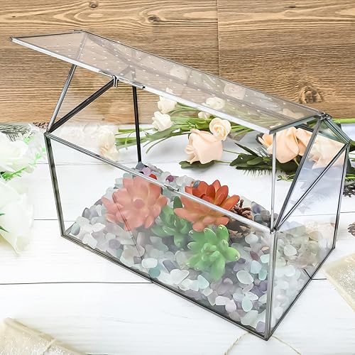 Miniatura 8 de HighFree Terrario geométrico de vidrio con tapa acrílica, terrario negro con forma de casa con agujeros de respiración para caracoles, suculentas,