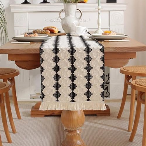 Miniatura 5 de Camino de mesa bohemio de lino y algodón de 13 x 72 pulgadas, macramé de granja con borlas, diseño de rayas tejidas en blanco y negro para comedor y