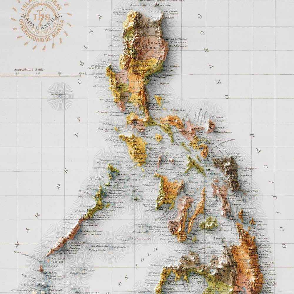 Wall Map of Philippines Vintage Shaded Relief Print, 2D Topographic Wall Art for the Home or Office, Countries Maps, 24 x 36 Inches, Made in USA