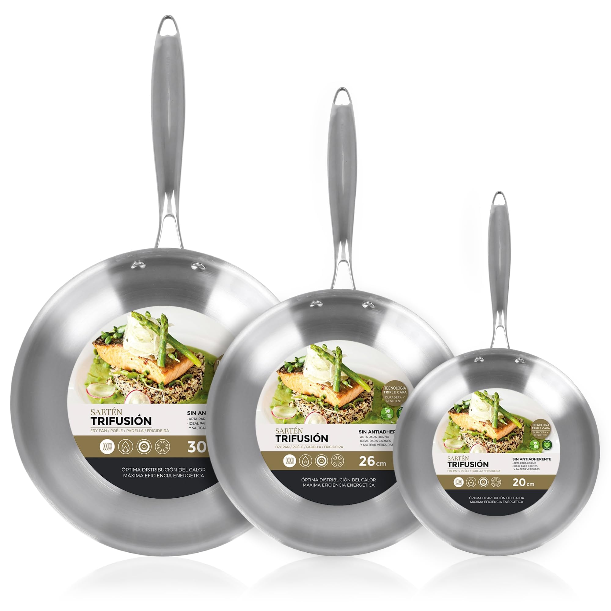 Santa Clara | Juego de Sartenes Acero Inoxidable 18/10 Trifusión 20-26-30 cm, Set de 3 Piezas Sin Revestimiento, Apta para Inducción, Horno, Gas y Vitro, Cocina Saludable y Libre de Tóxicos