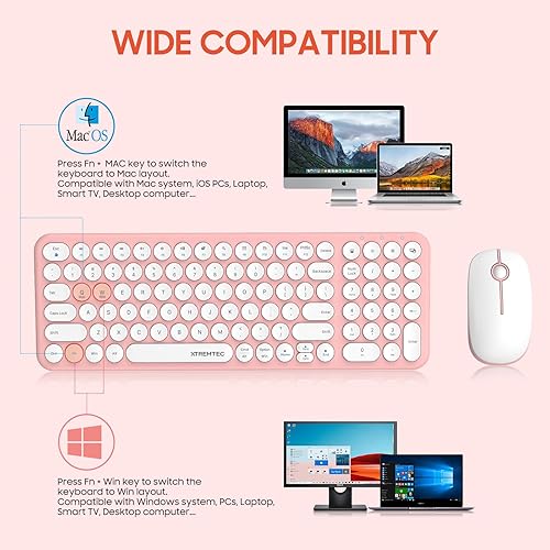Miniatura 8 de XTREMTEC - Combo de teclado y mouse inalámbricos, lindo y compacto, tamaño rosa, retro, redondo, ultra delgado, silencioso, 2.4 GHz, retro, kawaii,