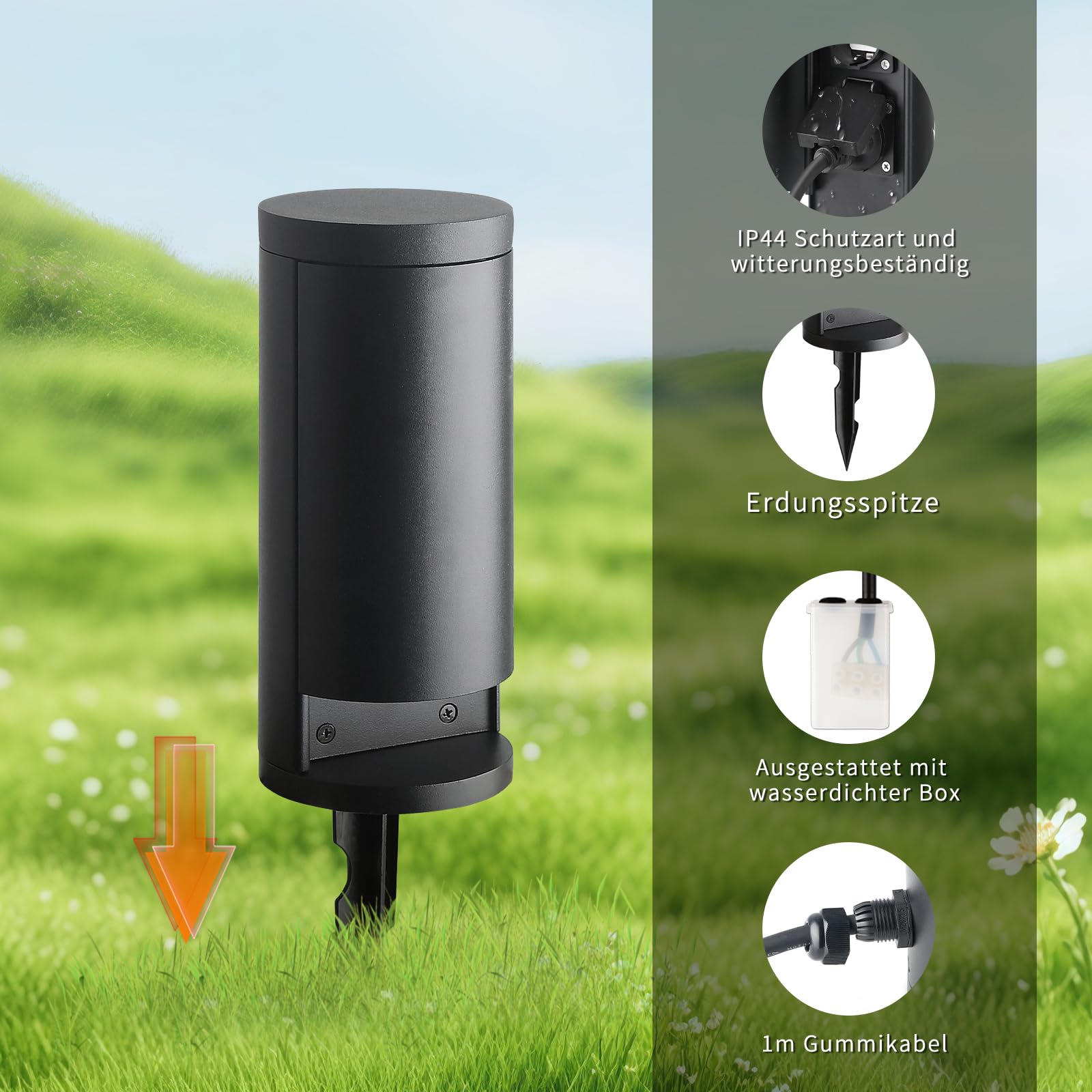 Colonna da giardino con 2 prese da giardino, con picchetto e cavo in gomma da 1 m, IP44, alluminio, max. 3600 Watt, colore nero cilindrico con porta