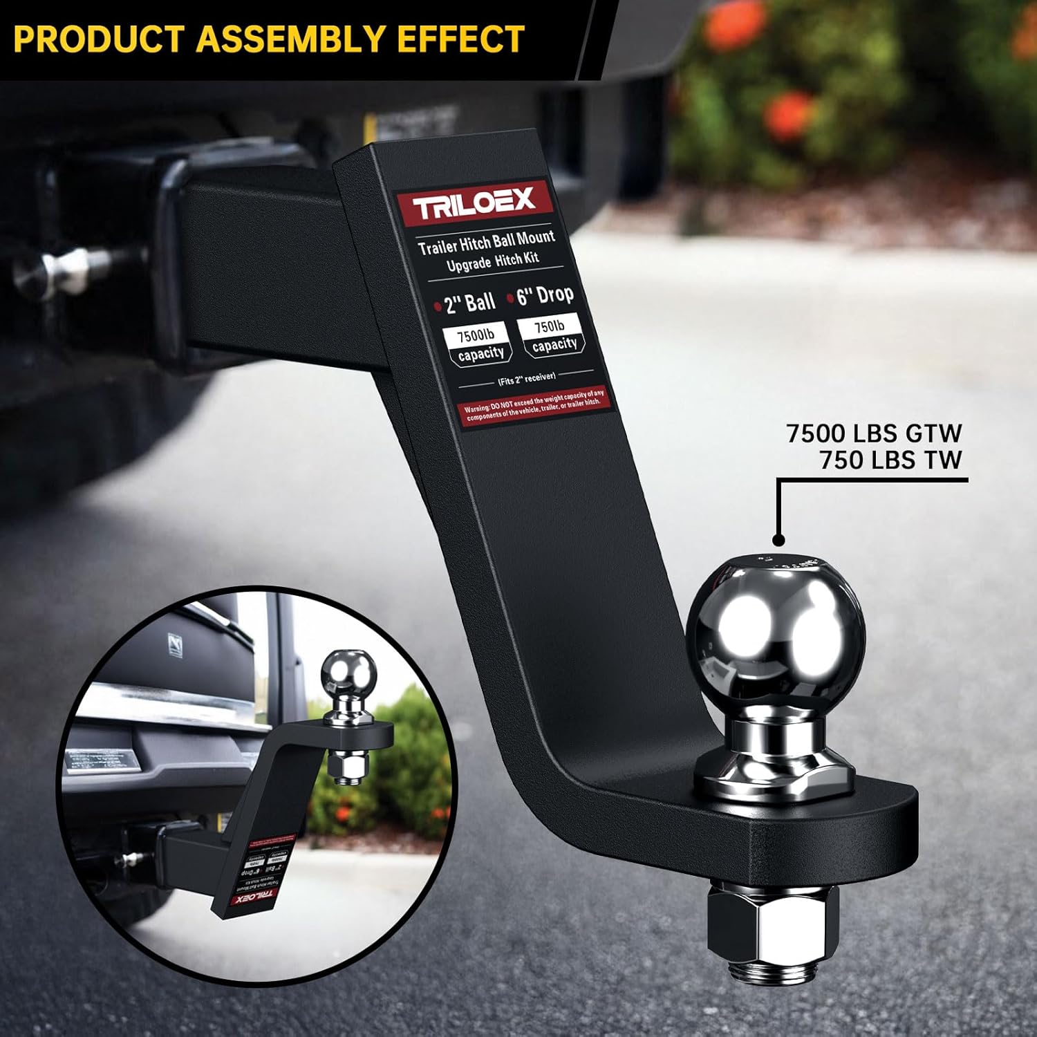 Trailer Hitch Mount with 2-Inch Ball, Fits 2-in Receiver, 6" Drop, 7,500 lbs, Includes 5/8” Screw-in Hitch Pin