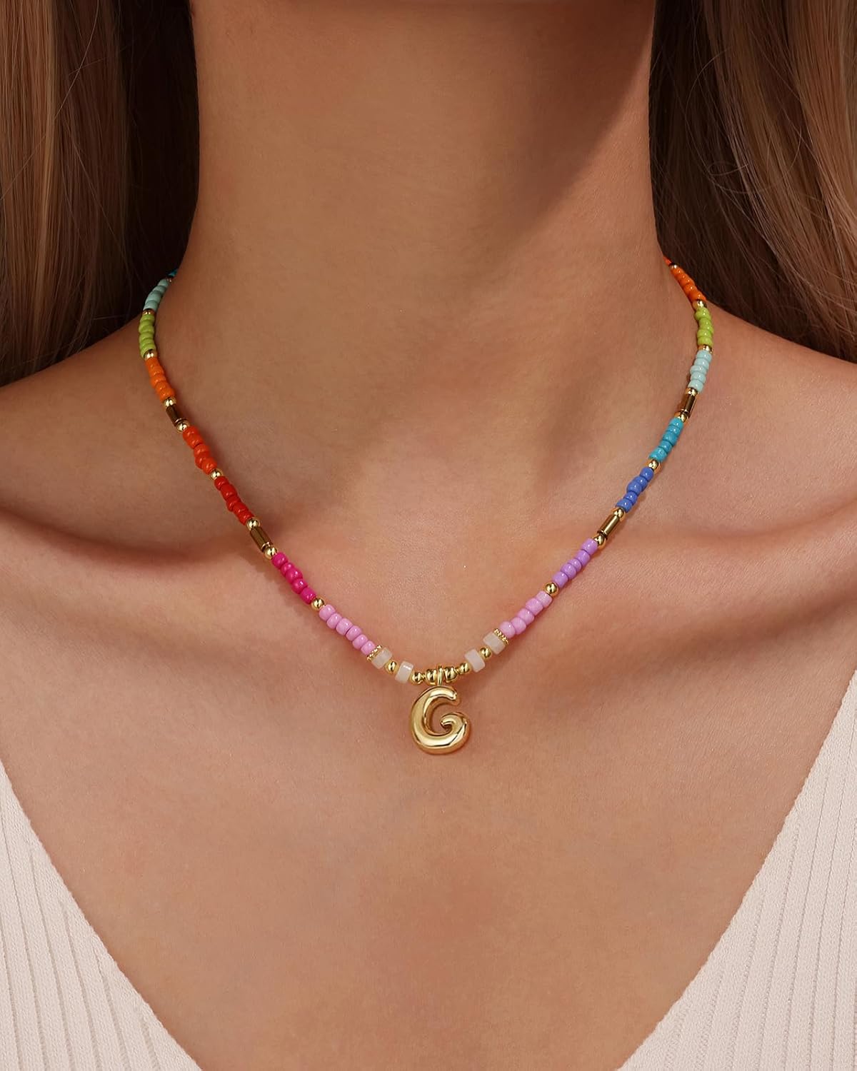 Colorful Beaded Initial Necklaces for Women 14K Gold Plated Cute Bubble Letter Beads Necklace Summer Rainbow Boho Choker Necklace Dainty Trendy Jewelry for Her - Image 2