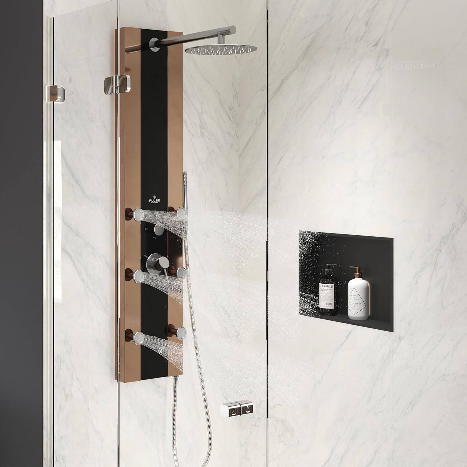 Rio ShowerSpa Panel with 10" Rain Showerhead - Black Tempered Glass & Bronze Stainless Steel Body, Brushed Nickel Fixtures, 2.5GPM - Handheld Spray Wand, 6 Silk Spray Body Jets, Brass Tub Spout