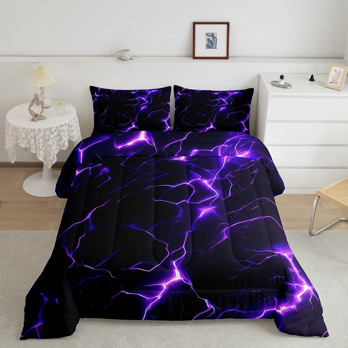 Feelyou Kids Geometric Comforter Set Full Size, Purple Black Bedding Set Abstract Comforter for Boys Girls Lightning Duvet Set Bed Set 3Pcs