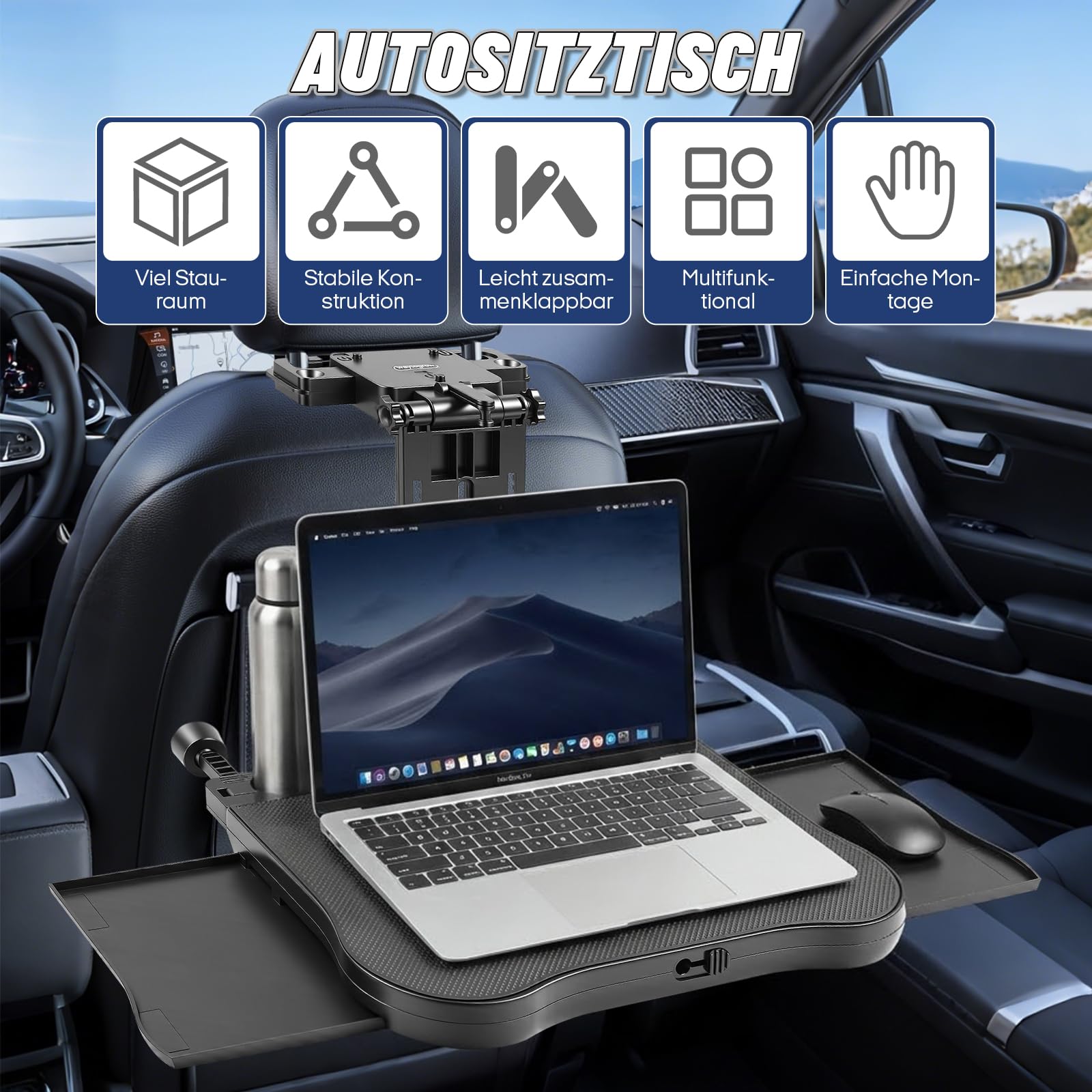Auto Tisch für Rücksitz Beifahrer, Schreibtisch mit Getränkehalter und Handyhalter, Multifunktional Autositz Tabletttisch, Faltbarer Einstellbar Tisch für Autositz, Belastbarkeit 20kg