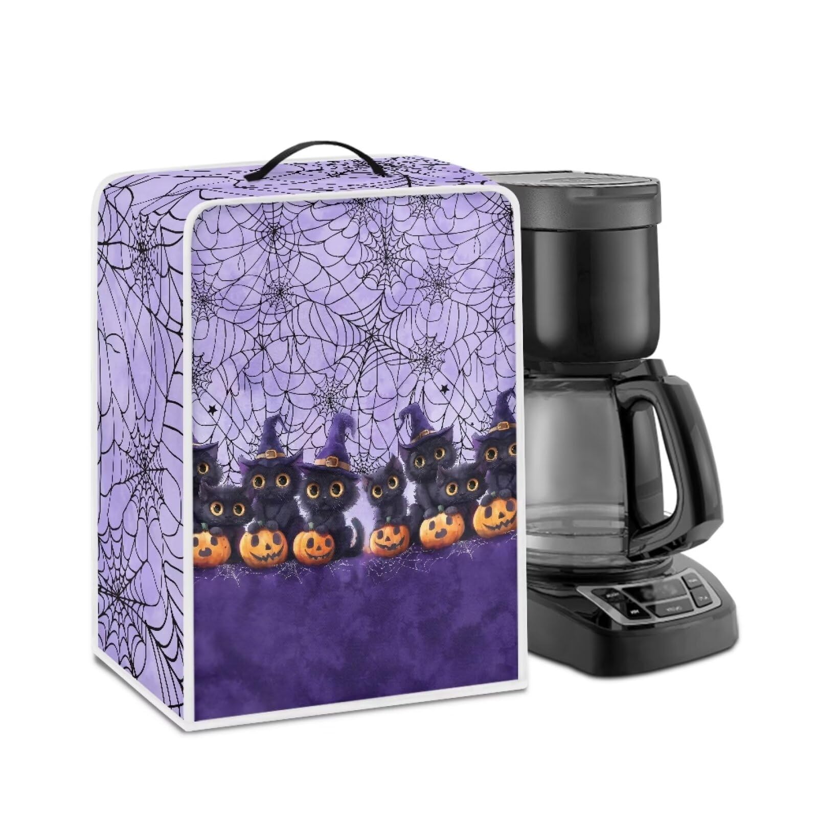 Cat Cobweb Coffee Maker Cover for Kitchen with Top Handle Waterproof St. Patrick's Day Coffee Maker Appliance Cover Dust Protection for Coffee Shop Halloween Decor