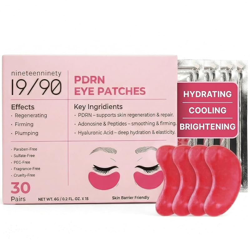 Adesivos de hidrogel para a região dos olhos 19/90 PDRN, rosa, com cafeína e ácido hialurônico, Pacote com 30 pares
