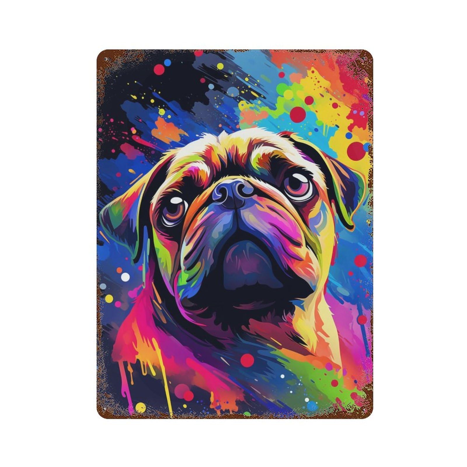 Colorful Pug Art Print-13 Rust Effect Tin Sign 15.7"x11.8", Vintage Wall Decor for Bistro, Counter And Cafe Decor