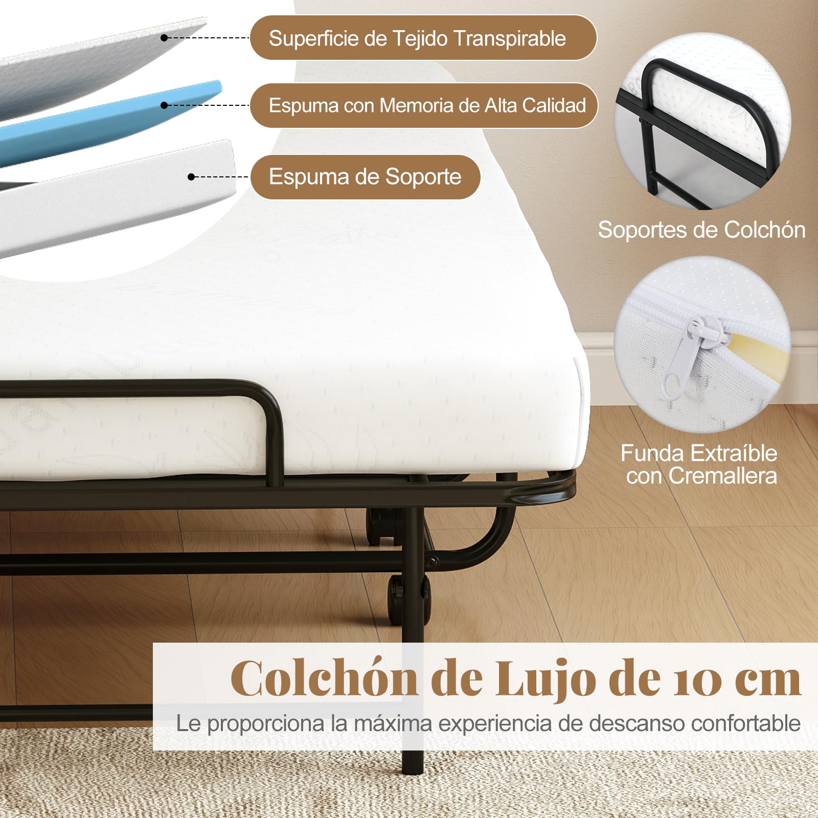 COSTWAY Cama Plegable con Colchón 90X190 cm, Cama Supletoria Plegable con 4 Ruedas, Estructura Metálica, Cama Individual Adultos y Niños Invidados, Carga 220kg