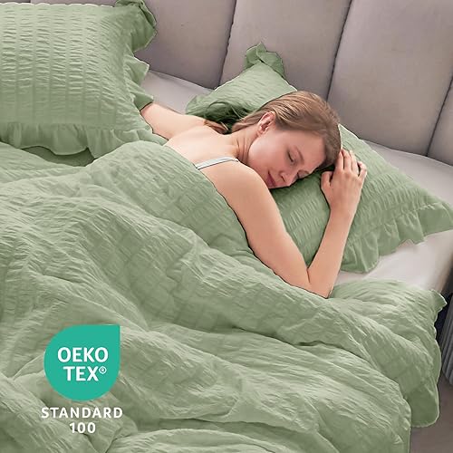 Miniatura 75 de JOLLYVOGUE - Juego de edredón tamaño queen, de 3 piezas, estilo seersucker, ligero y esponjoso para todas las estaciones, con 1 edredón con volantes