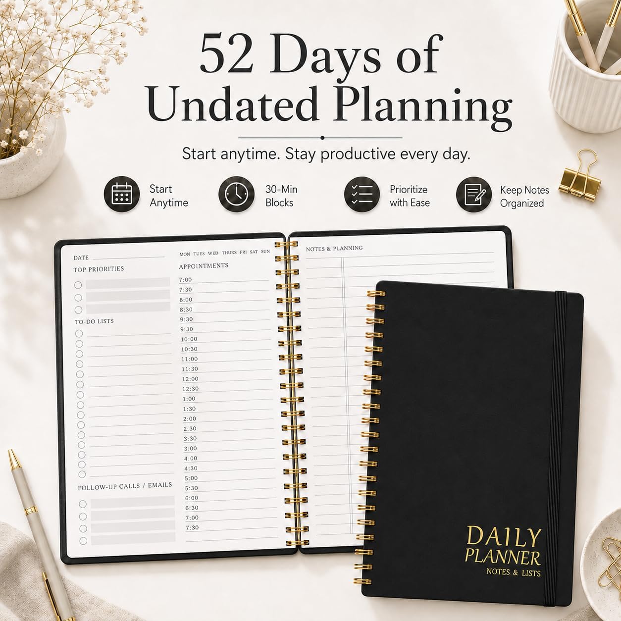 Daily Planner with Hourly Schedules - Undated To Do List Notebook for Work and Study, Spiral Bound, 5.5" x 8.5", Easily Manage Tasks and Appointments - Black image 5